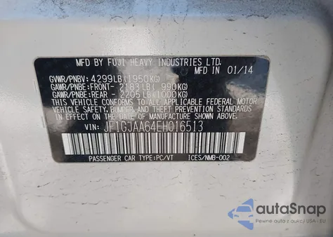 2014 Subaru Impreza 2.0I из США, поврежденный, VIN JF1GJAA64EH016513